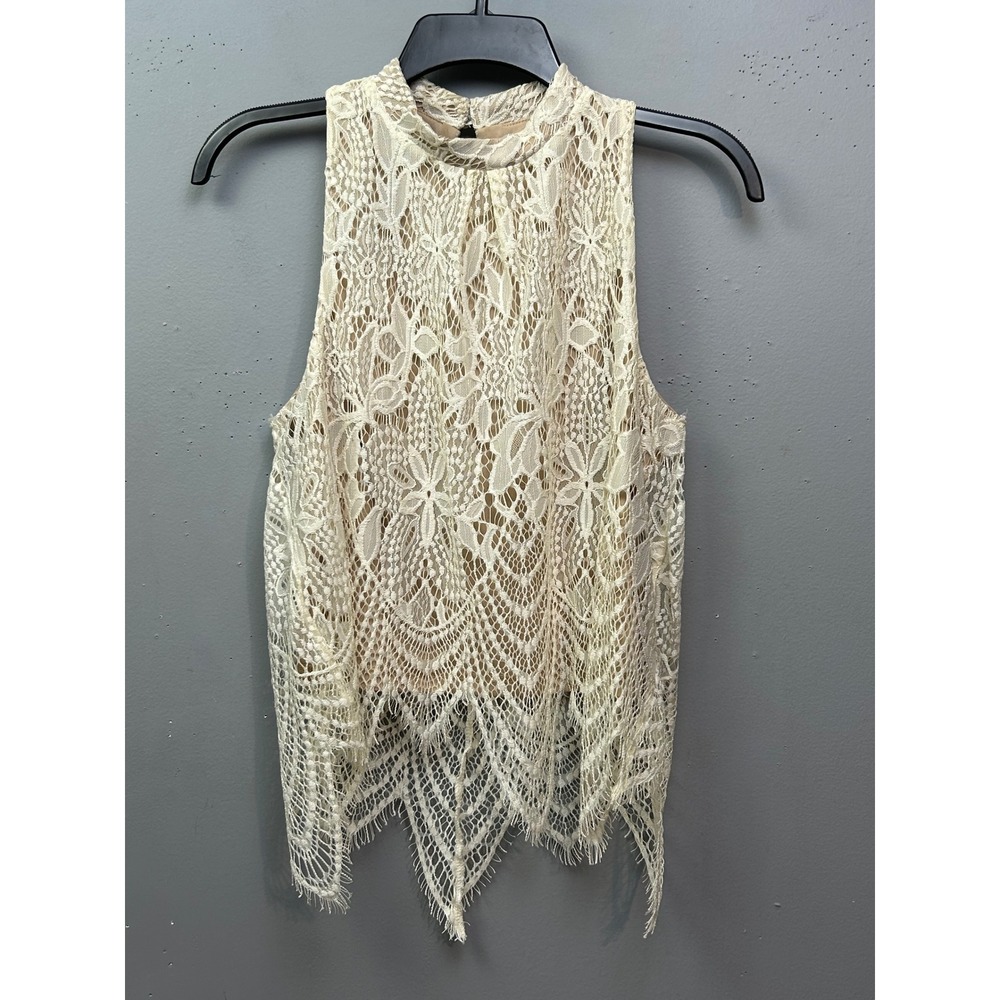Love Fire Lace Top Womens Small Boho Cream Mock Neck Handkerchief Hem Sleeveless